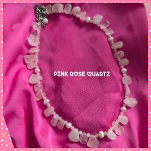 Pink Rose Quartz and Pearl Necklace, Gemstone, Silver Chain, Crystal, Vintage